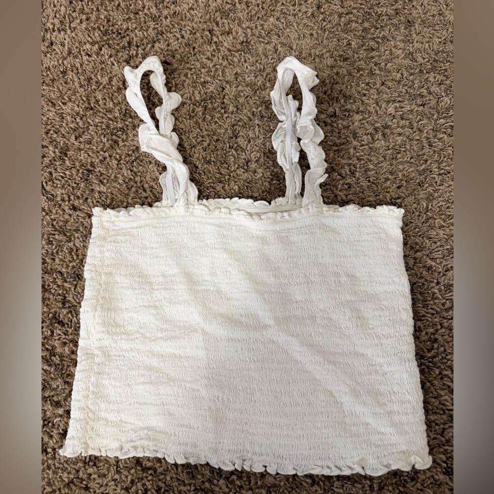 Aerie White Textured Top with Ruffled Straps